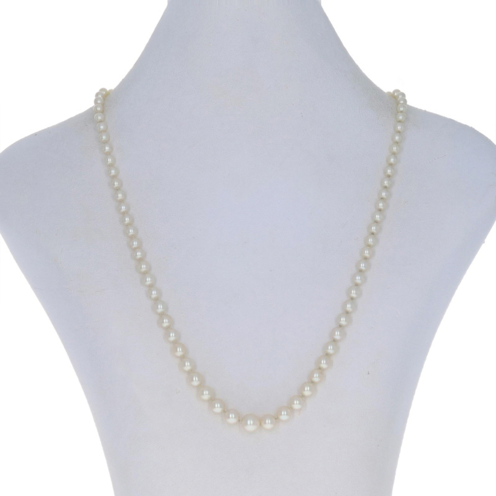 Yellow Gold Akoya Pearl & Diamond Graduated Strand Necklace 18 1/2" - 14k GIA